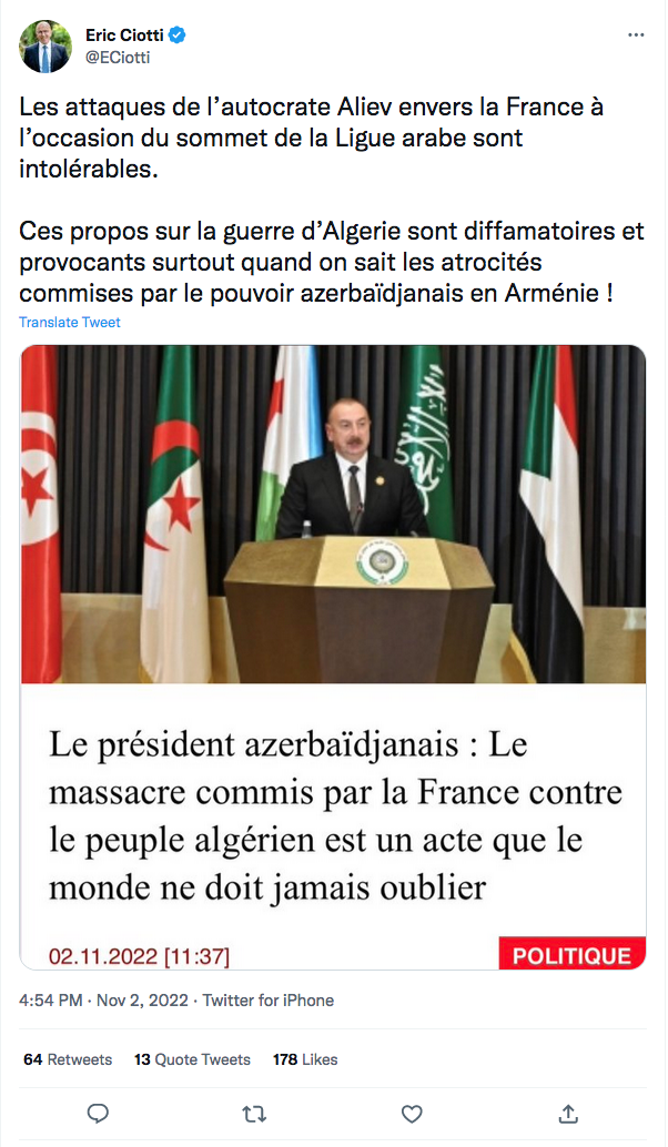 Eric Ciotti : les attaques intolérable de l&rsquo;autocrate Aliev
