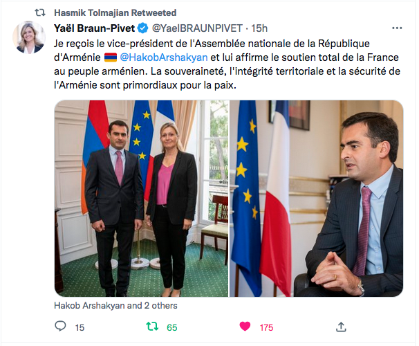 Yaël Braun-Pivet : avec Hakob Arshakyan du Parlement arménien