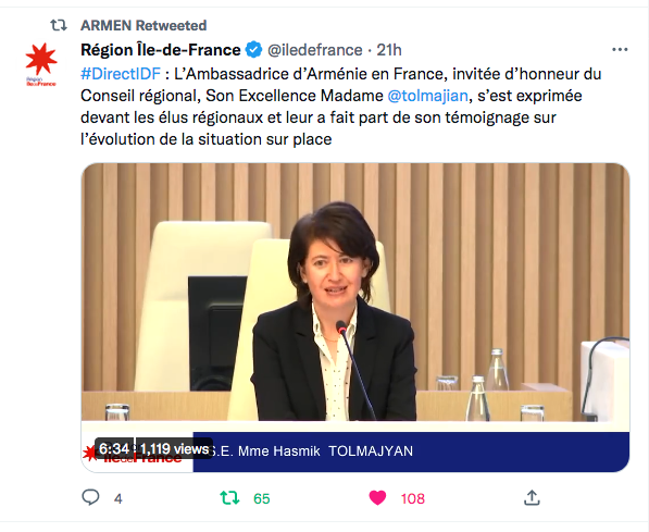 Région Île-de-France : SE Hasmik Tolmajian à la tribune