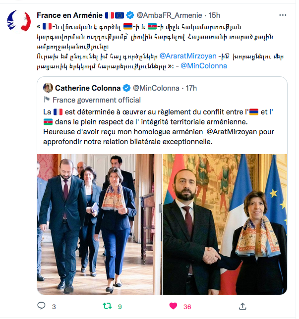 France en Arménie : détermination à oeuvrer au réglement