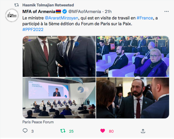MFA of Armenia : Ararat Mirzoyan au forum pour la paix