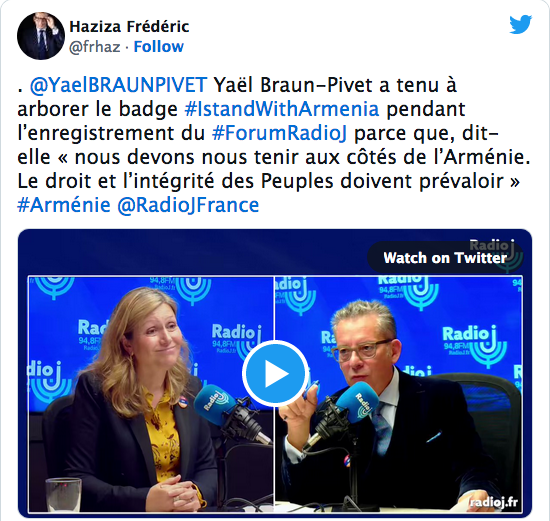 Frédéric Haziza : Yael Braun-Pivert arbore le pins I stand with Armenia