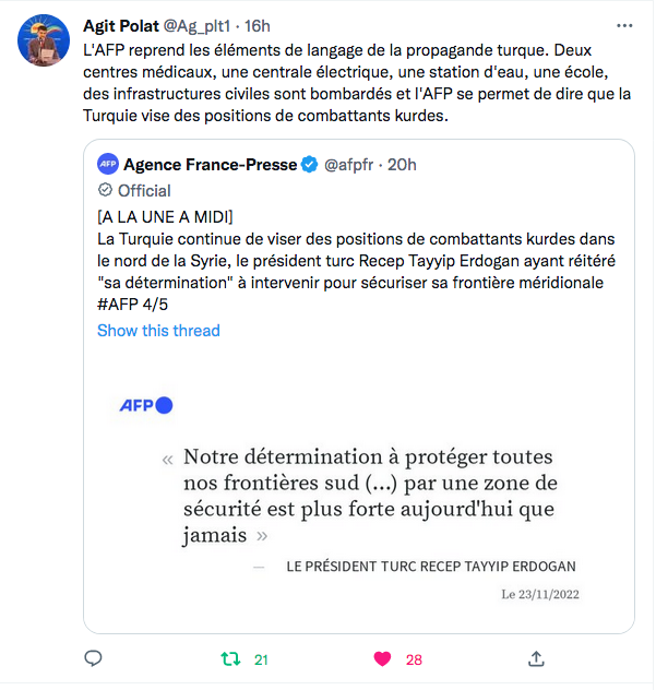 Agit Polat : l&rsquo;AFP reprend la propagande turque