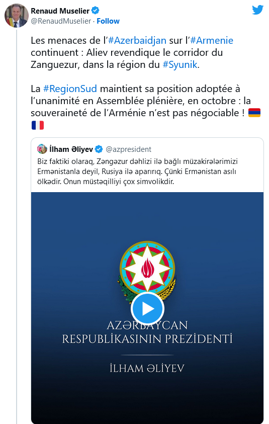 Renaud Muselier : la souveraineté de l&rsquo;Arménie n&rsquo;est pas négociable