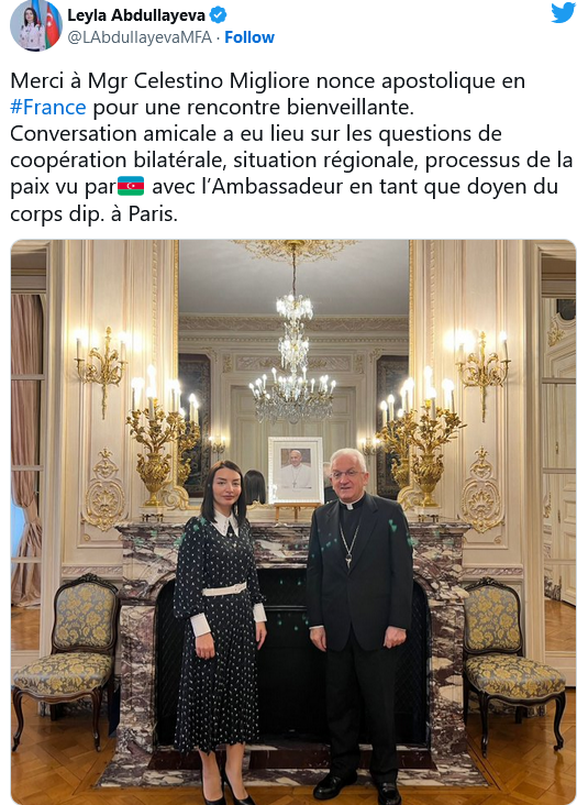 Leyla Abdullayeva, ambassadrice d&rsquo;Azerbaidjan, remercie un nonce du Saint-Siège