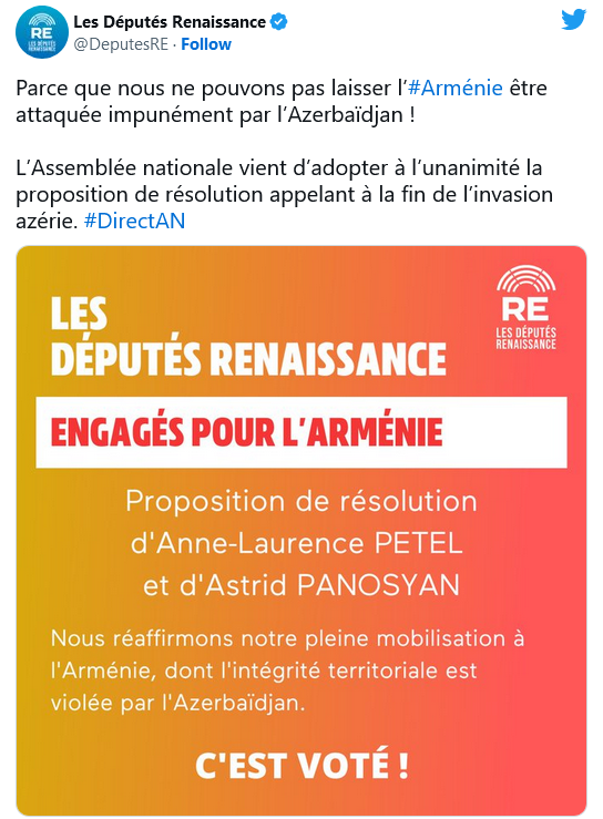 Députés Renaissance : parce que nous ne pouvons laisser l&rsquo;Arménie être attaquée impunément par Bakou