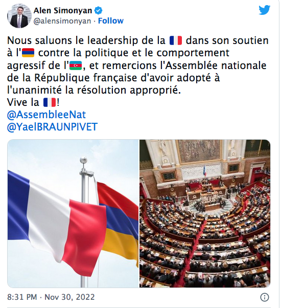 A. Simonyan : L&rsquo;Arménie remercie la France