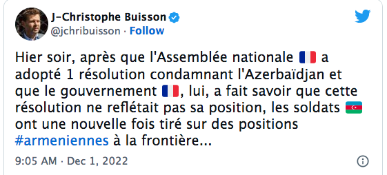 J.C. Buisson : l&rsquo;A.N. a adopté une résolution condamnant l&rsquo;Azerbaidjan