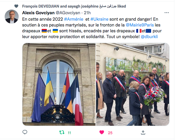 Alexis Govciyan : Les drapeaux arméniens et ukrainien à la mairie du 9e