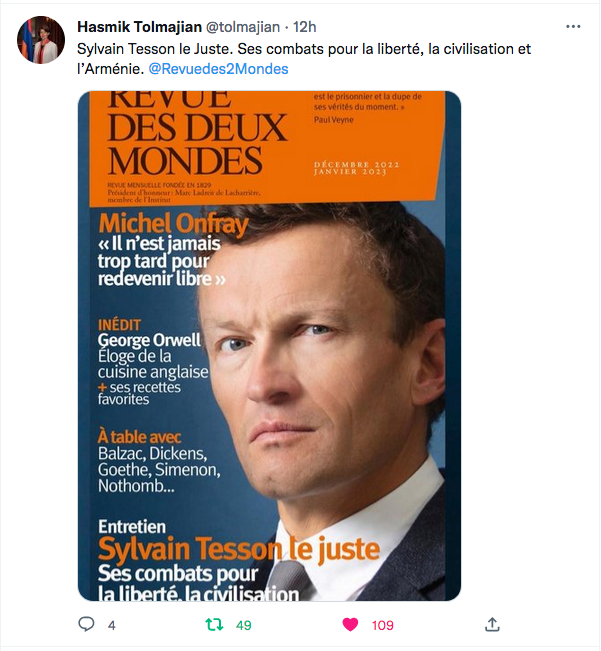 Hasmik Tolmajian : L&rsquo;interview de Tesson dans la Revue des 2 mondes