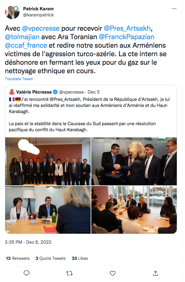 Patrick Karam : Avec V. Pécresse pour recevoir le président d&rsquo;Artsakh