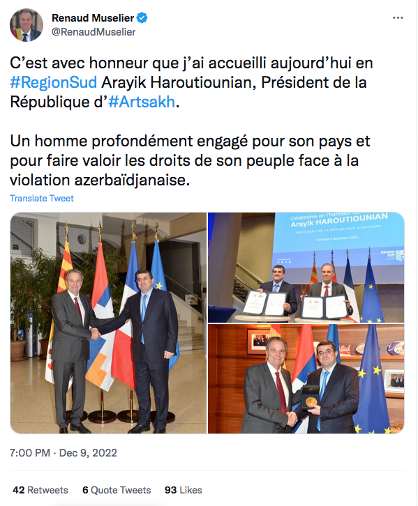 Renaud Muselier : l&rsquo;honneur d&rsquo;accueillir Arayik Haroutounian