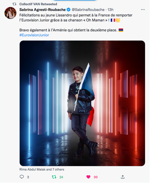 Sabrina Agresti-Roubache : félicitations à Lissandro, bravo à l&rsquo;Arménie