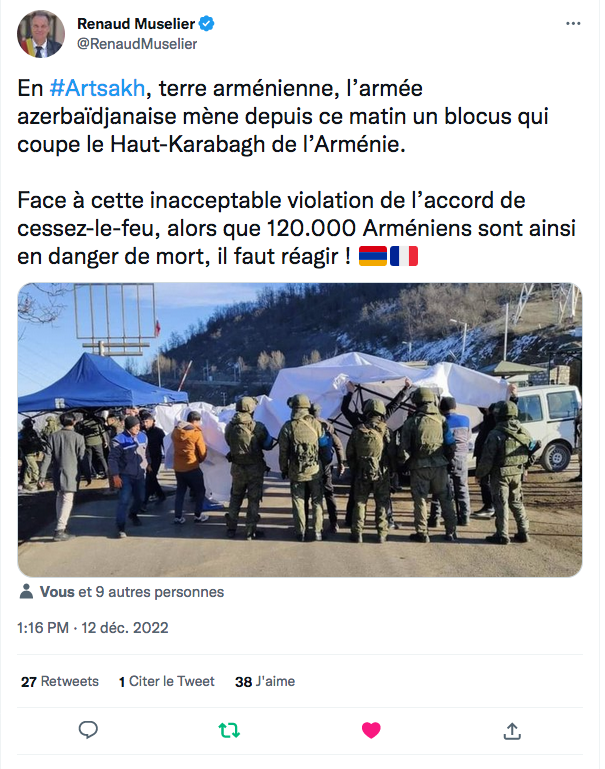 Renaud Muselier : nouveau blocus de la route vers l&rsquo;Artsakh