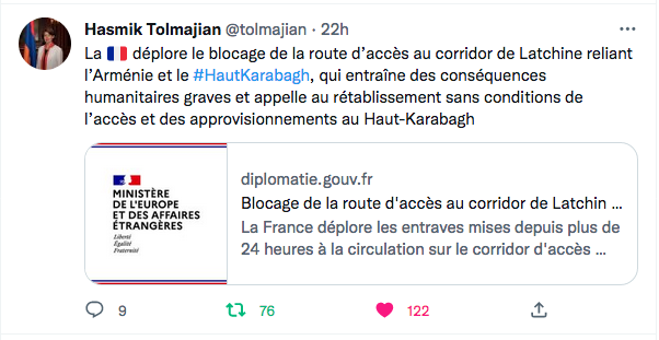 Hasmik Tolmajian : l&rsquo;appel de la France pour la rouverture du corridor
