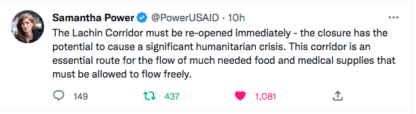Samantha Power : Le corridor de Lachin doit être rouvert immédiatement