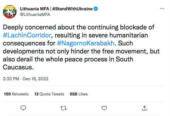 Lithuania MFA : profondément préoccupée par le blocus du corridor de Lachin
