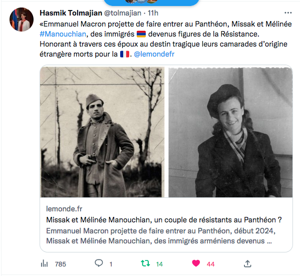 Hasmik Tolmajian : Emmanuel Macron projette de faire entrer au Panthéon, Missak et Mélinée #Manouchian