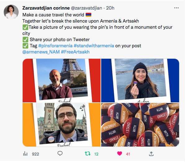 Corinne Zarzavatdjian : Prenez une photo de vous portant le pin&rsquo;s devant un monument de votre ville.