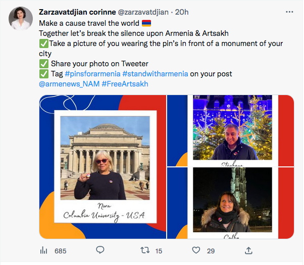 Corinne Zarzavatdjian : Prenez une photo de vous portant le pin&rsquo;s devant un monument de votre ville.