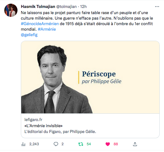 Hasmik Tolmajian :  l&rsquo;édito de Philippe Gélie en une du Figaro