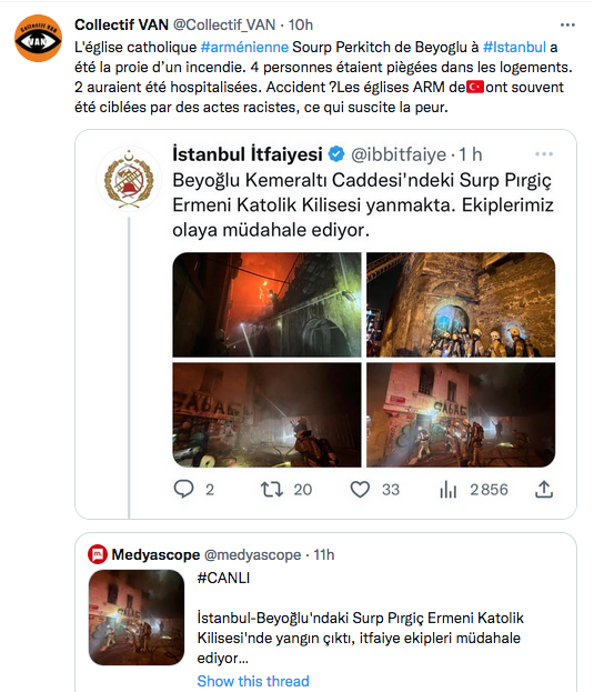 Collectif Van : Incendie à l&rsquo;église catholique arménienne d&rsquo;Istanbul