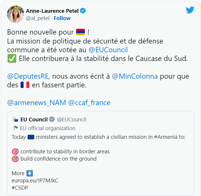 Anne-Laurence Petel: Bonne nouvelle pour l’Arménie