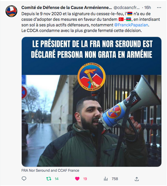 CDCA : le président du Nor Seround persona non grata en Arménie