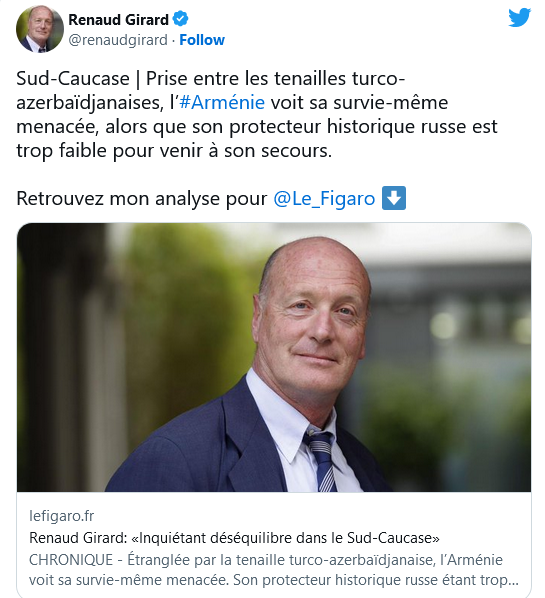 Renaud Girard : l&rsquo;Arménie voit sa survie menacée