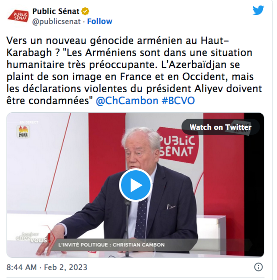 C. Cambon sur Public Sénat : Vers un nouveau génocide arménien au Haut-Karabagh ?