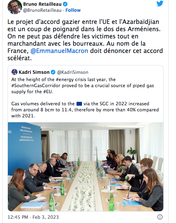 B. Retailleau : E. Macron doit dénoncer l&rsquo;accord gazier Bakou-UE
