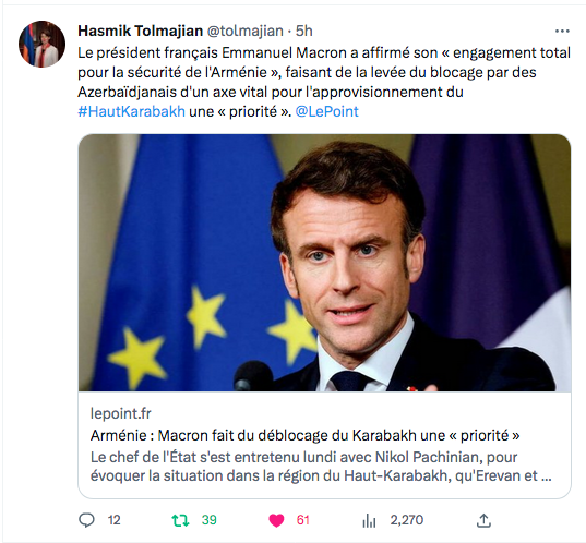 Hasmik Tolmajian : E.Macron affirme son soutien totale à l&rsquo;Arménie