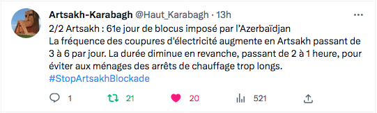 Artsakh Karabakh : 6 coupures d&rsquo;électricité par jour