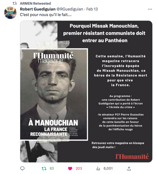 Robert Guediguian : Pour Manouchian au Panthéon