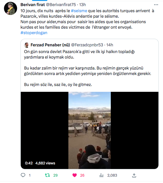 Berivan Firat : les autorités turques saisissent les aides à Pazarcik