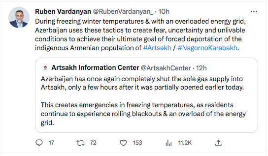 Ruben Vardanyan : coupures de gaz pour rendre la vie invivable