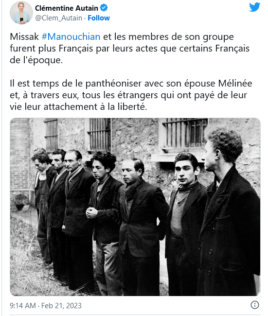 Clémentine Autain : Pour la Panthéonisation de Missak et Méliné Manouchian