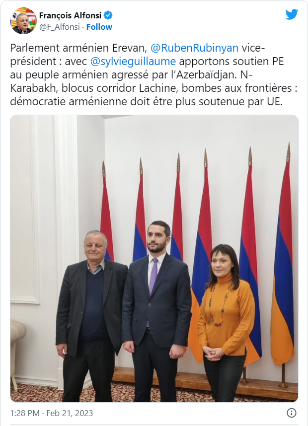 François Alfonsi : Parlement arménien Erevan, Ruben Rubinyan vice-président: avec Sylvie Guillaume apportons soutien PE au peuple arménien agressé par l’Azerbaïdjan