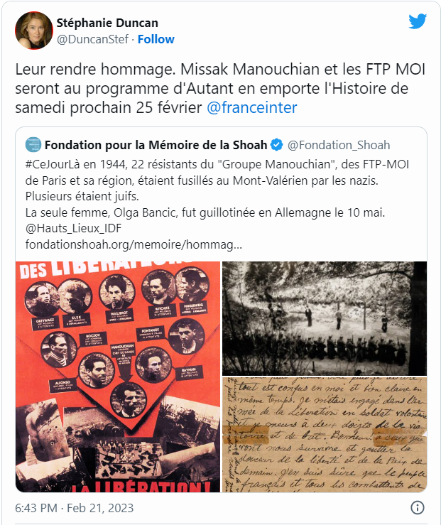 Stéphanie Duncan : Missak Manouchian et les FTP MOI seront au programme d’Autant en emporte l’Histoire