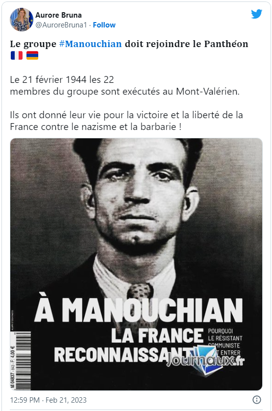Aurore Bruna : Le groupe Manouchian doit rejoindre le Panthéon