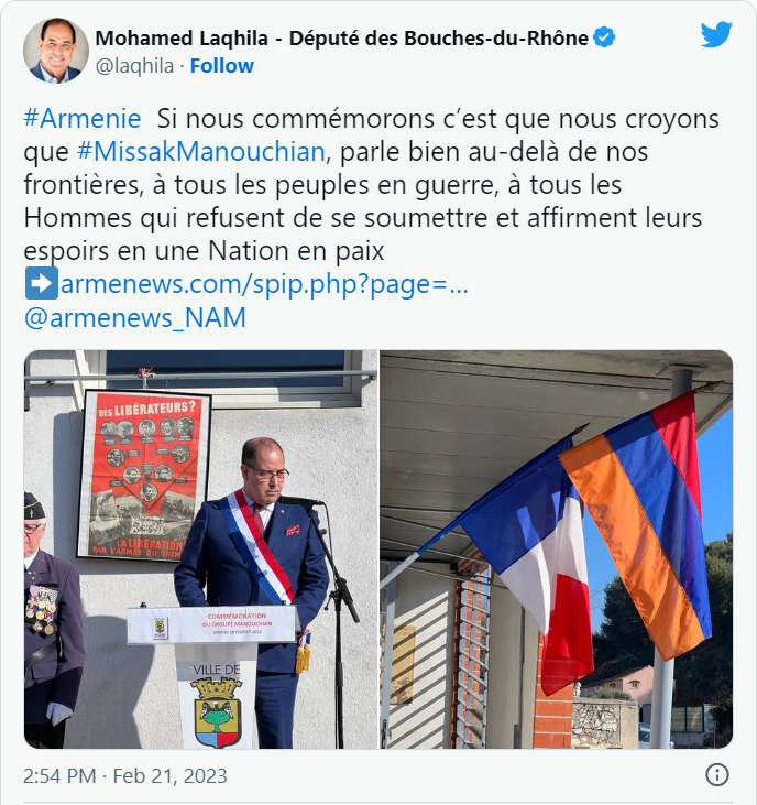 Mohamed Laqhila : Si nous commémorons c’est que nous croyons que Missak Manouchian, parle bien à tous qui refusent de se soumettre et affirment leurs espoirs en une Nation en paix