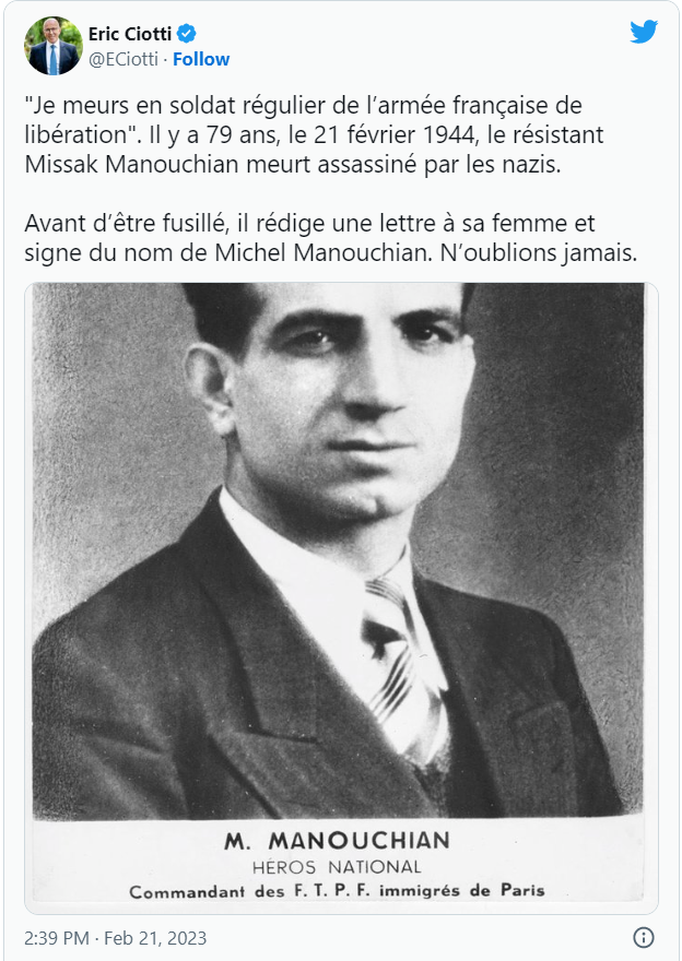Eric Ciotti : « Je meurs en soldat régulier de l’armée française de libération » Missak Manouchian