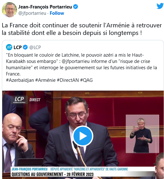 J.F. Portarrieu : Continuer à soutenir l&rsquo;Arménie