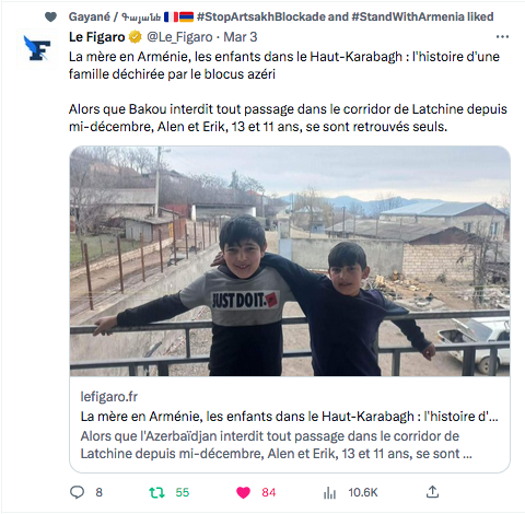 Le Figaro : une famille arménienne déchirée par le blocus