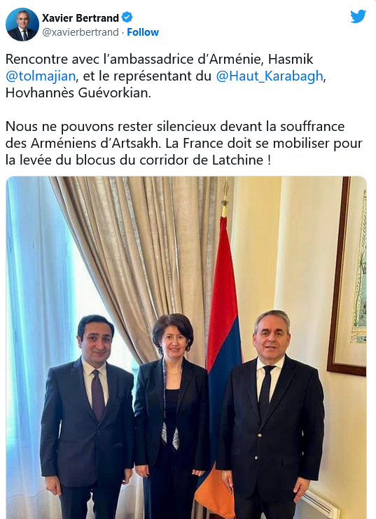 X. Bertrand : La France doit se mobiliser pour la levée du blocus du corridor de Latchine !