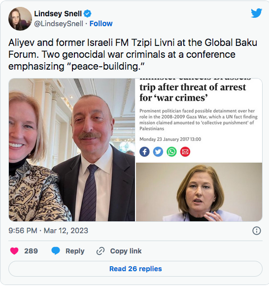 Lindsey Snell : Aliyev et l&rsquo;ancienne ministre israélienne des Affaires étrangères Tzipi Livni au Global Baku Forum.