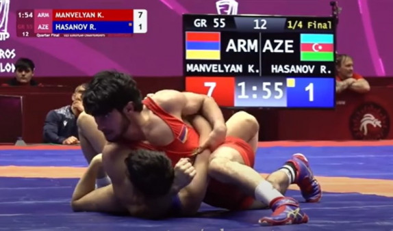 Le lutteur d’Arménie, Karapet Manvelyan (U23) s’est imposé 7-1 sur un Azéri humilié par sa défaite et disqualifié pour geste anti-sportif. L’Arménien est en demi-finale des championnats d’Europe de lutte gréco-romaine