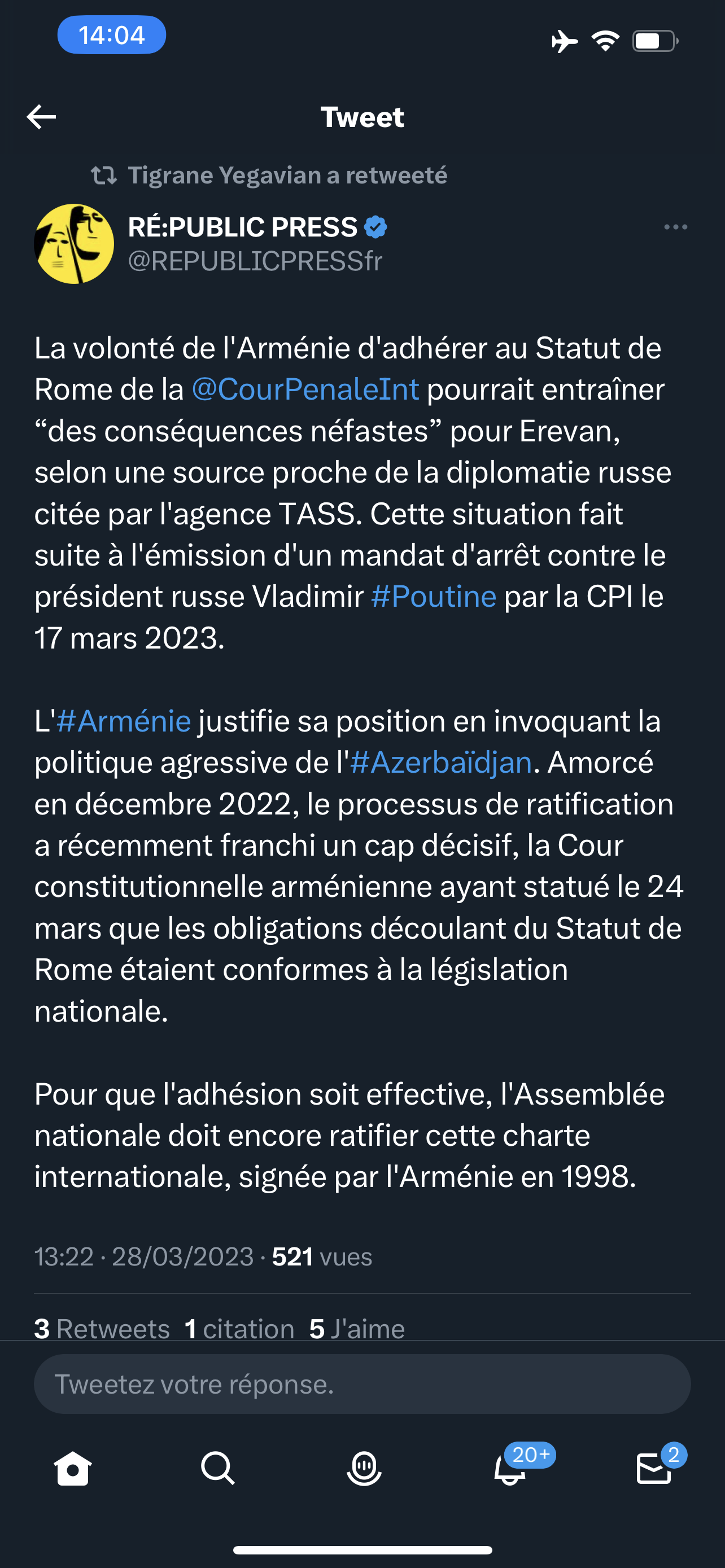 Re:public Artsakh : le risque du statut de Rome