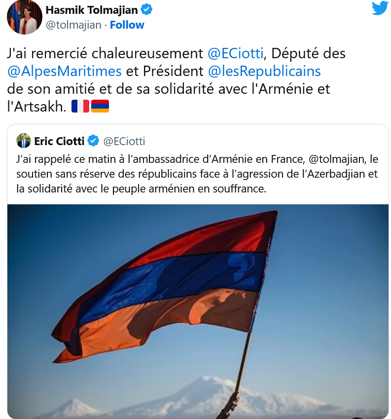 H. Tolmajian : remerciements à Eric Ciotti