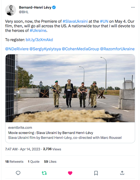 Bernard-Henri Lévy :  La première de #SlavaUkraini à l&rsquo;ONU le 4 mai